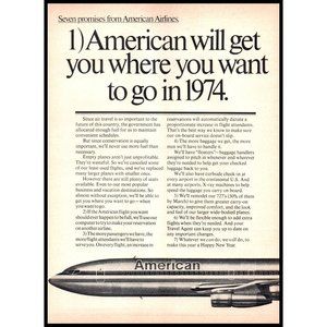 1974 American Airlines Boeing 727 Jet Vintage Print Ad Aviation AVGeek Wall Art
